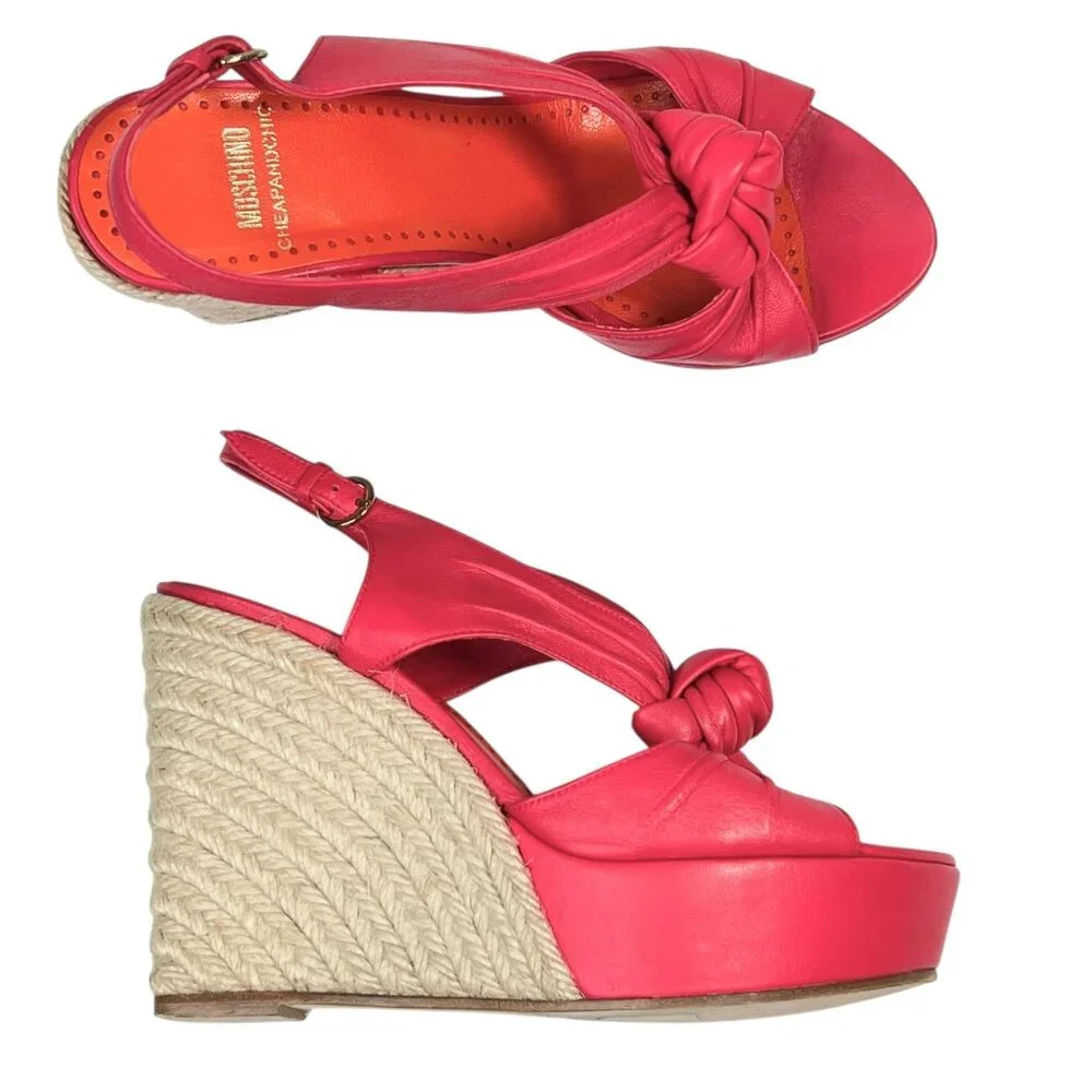 Moschino Cheap and Chic Hot Pink Espadrille Wedges Knot Detail Leather 36 US 6